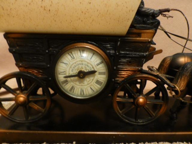 vintage-rare-bronze-covered-wagon-lighted-electric-mantel-clock-big-2