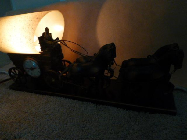 vintage-rare-bronze-covered-wagon-lighted-electric-mantel-clock-big-0