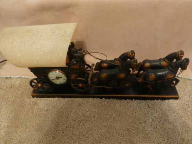 vintage-rare-bronze-covered-wagon-lighted-electric-mantel-clock-big-4