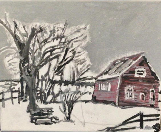 old-winter-snow-barn-trees-scene-gg-5-x-7-canvas-painting-big-0