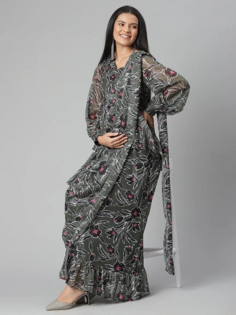 saree-style-long-sleeve-pregnant-lady-dress-floral-print-big-2