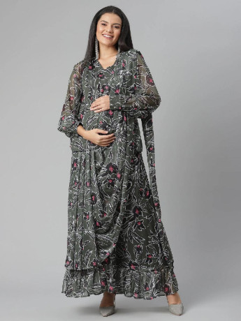 saree-style-long-sleeve-pregnant-lady-dress-floral-print-big-3