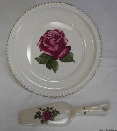 vintage-harker-pottery-rose-cake-plate-platter-server-set-big-3